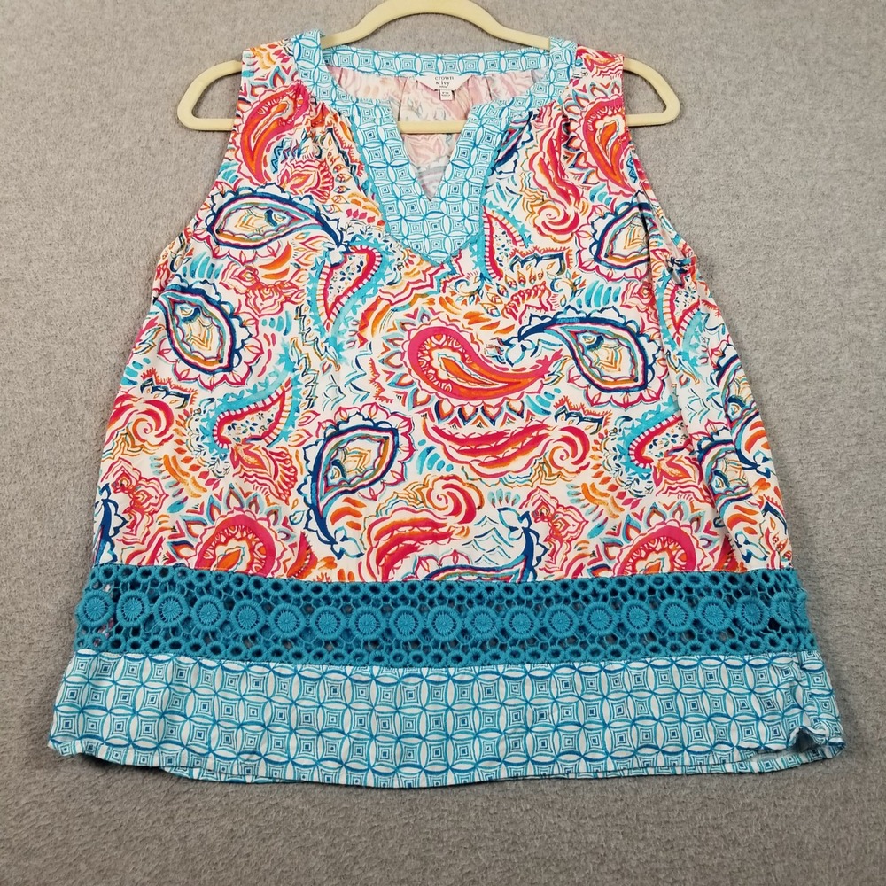 Crown & Ivy Tank Top Womens PM Petite Medium Paisley Crochet See Through Boho